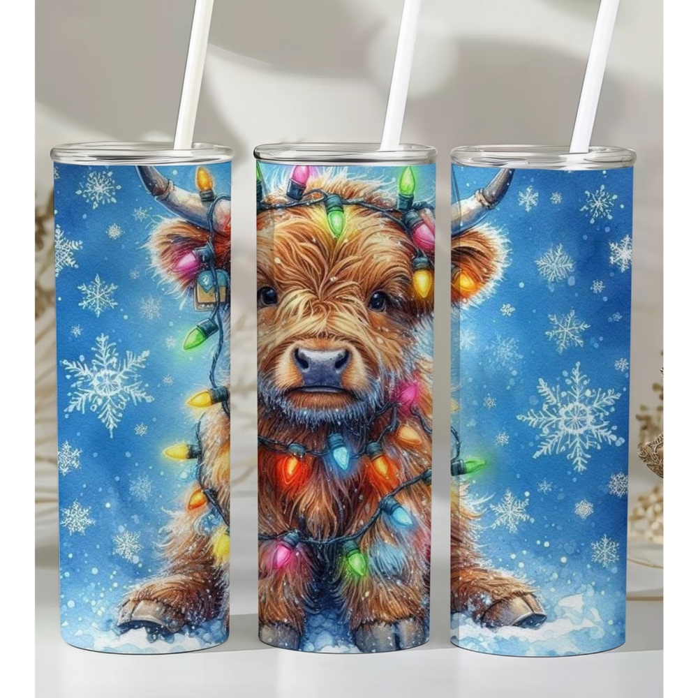 Festive Cow  20oz Stainless Steel Tumbler with Colorful Lights